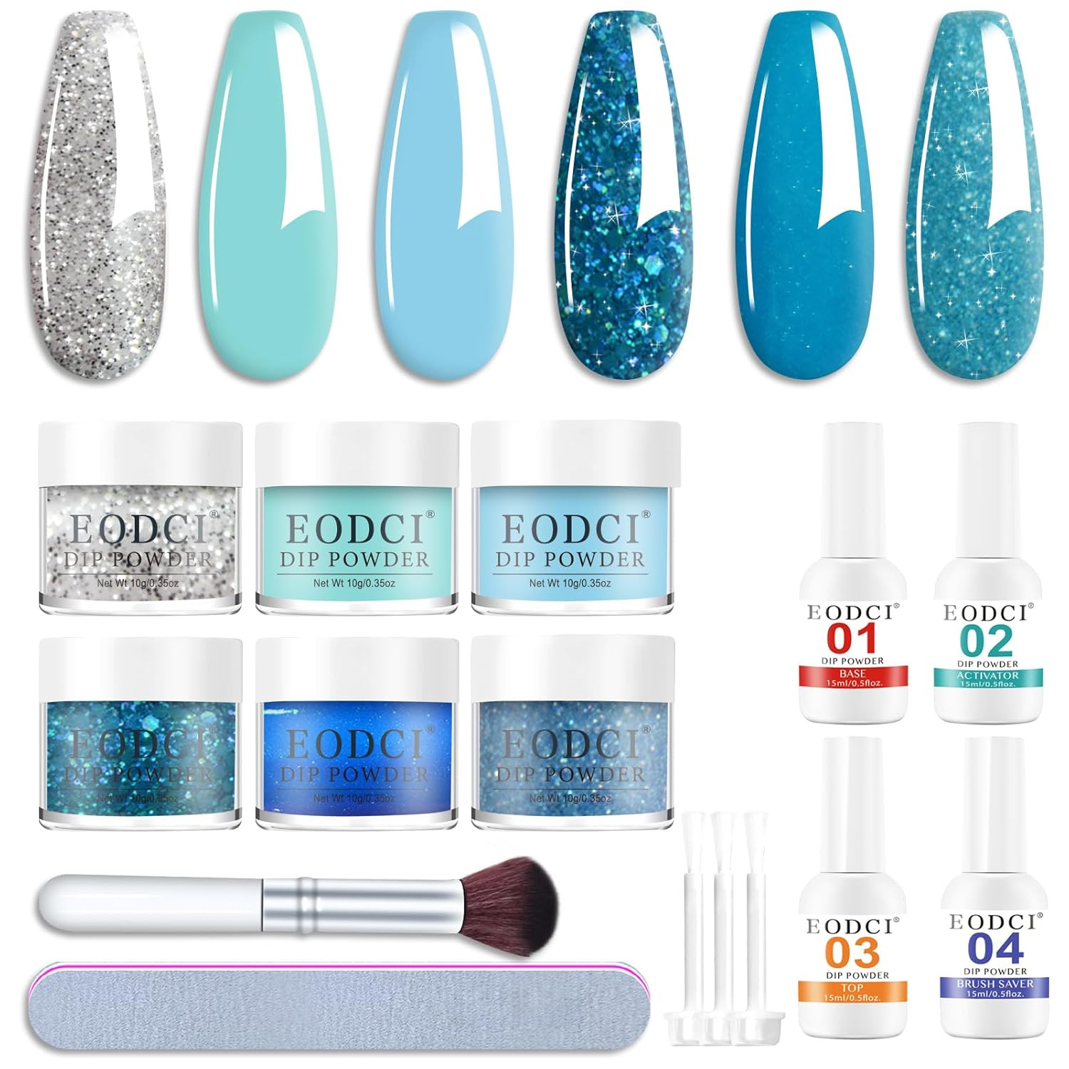 12 Pcs Dip Powder Nail Kit Starter, 6 Colors Glitter Blue Snow Dipping Powder Ki