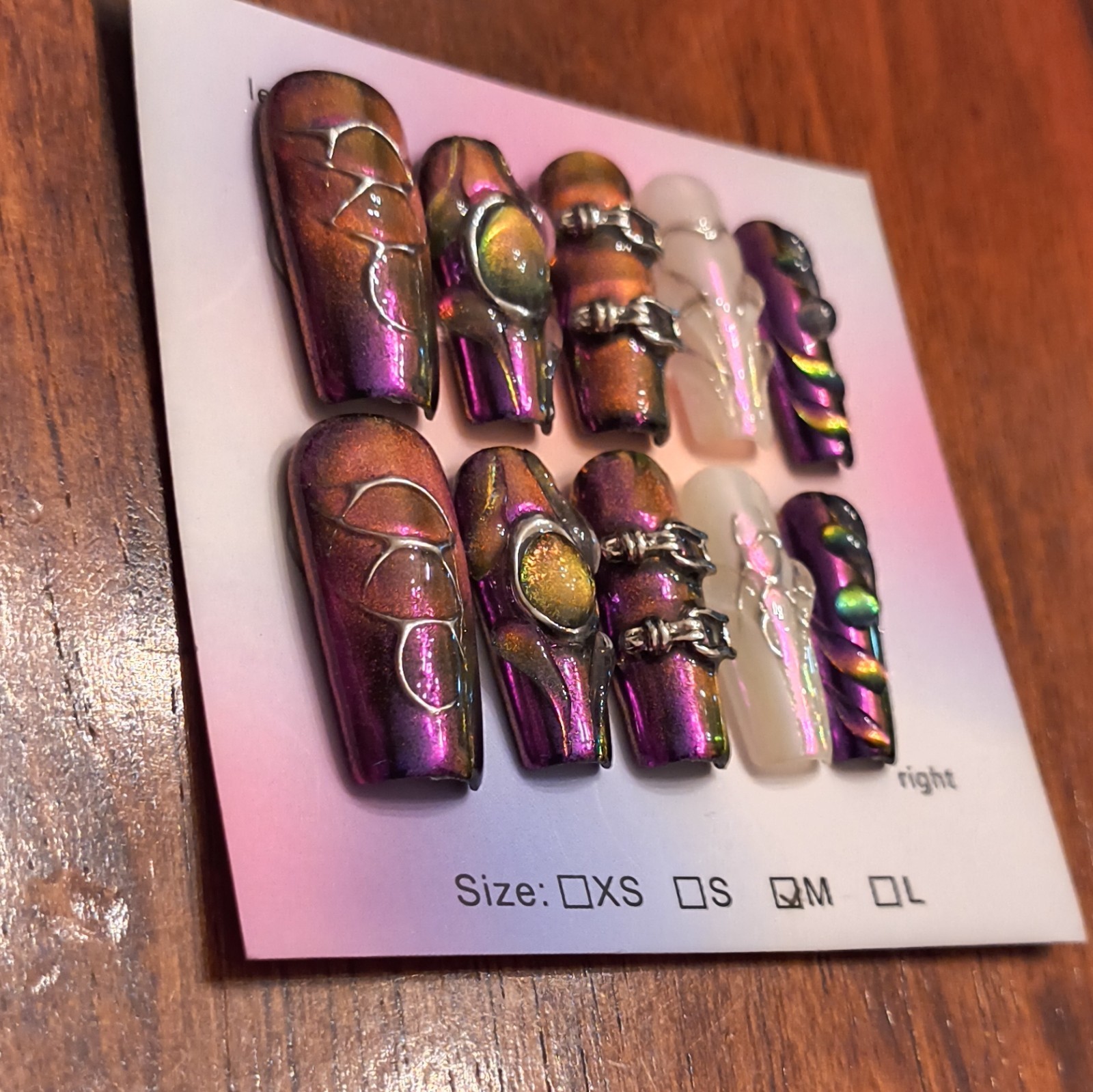 Long Coffin Press-On Nails Purple Pink White Chrome Shiny 3D Abstract Set Medium