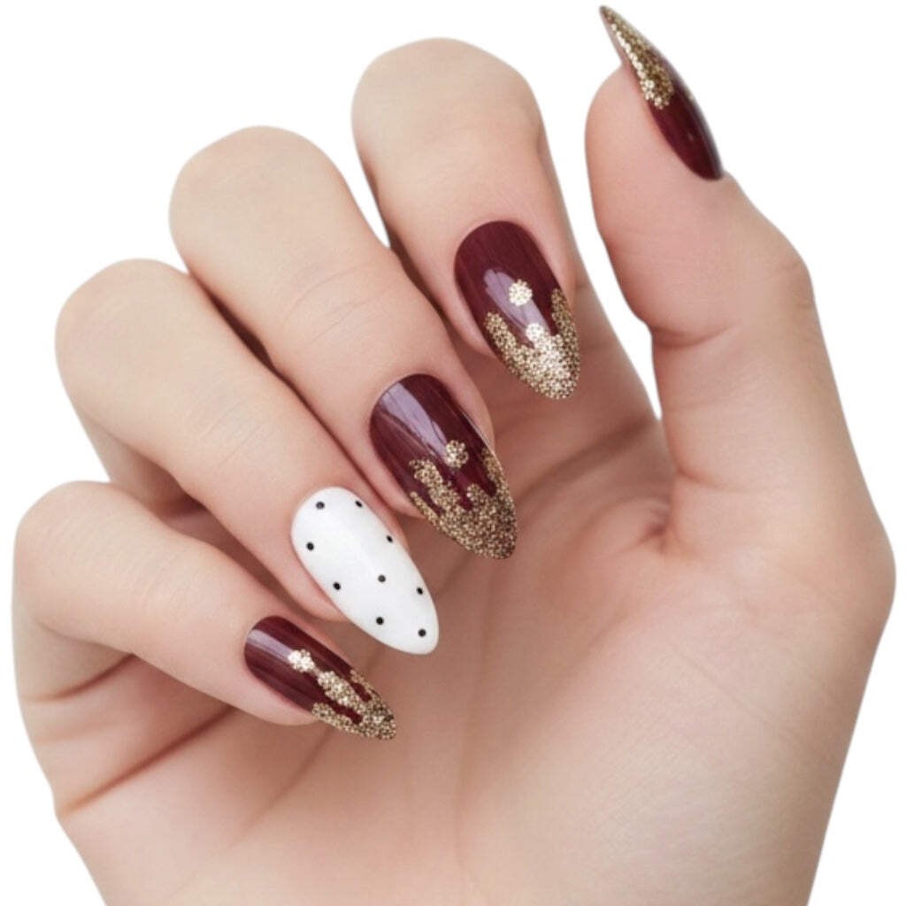Red Burgundy White Almond Stiletto Long Fake Acrylic False Tips Press On Nails