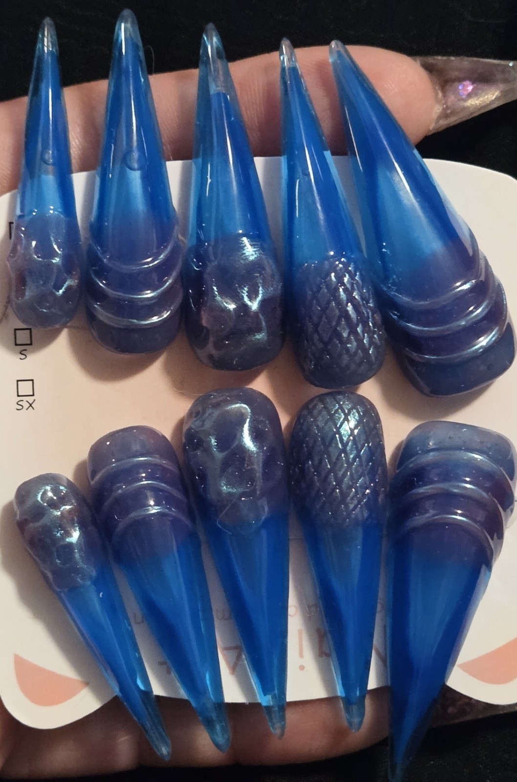 Extra Long Stiletto Press-On Water Aquarium Nails Blue Shiny 3D Abstract Claws-M