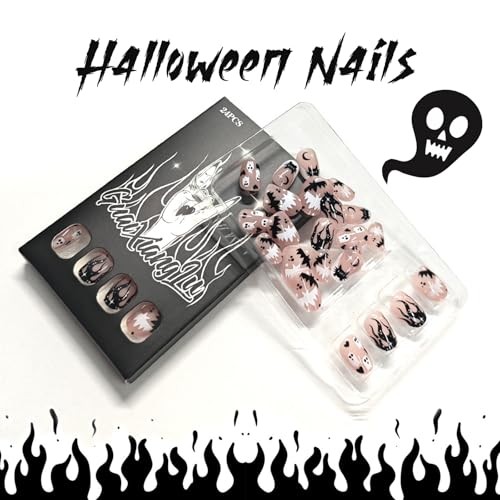 Halloween Press on Nails Short Oval Fake Nails White French Halloween Nails-8