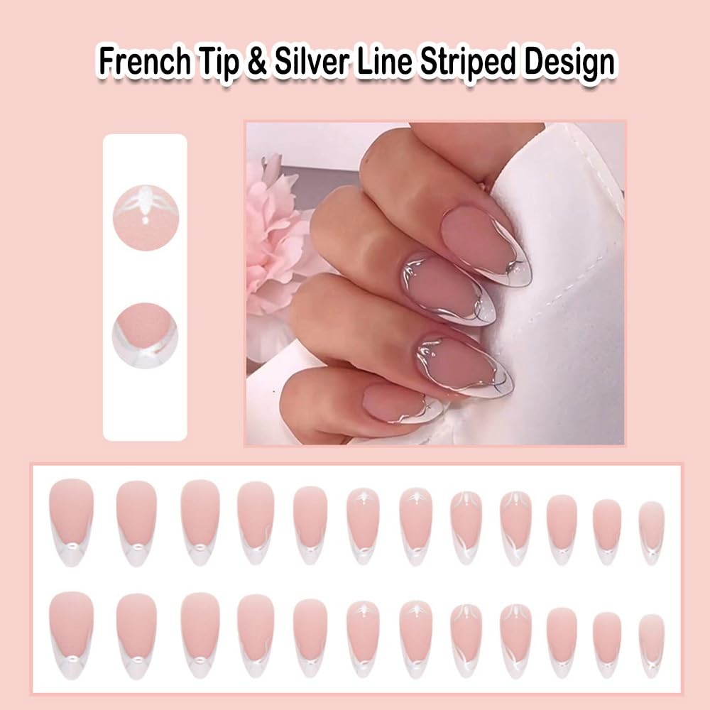French Tip Press on Nails Almond White Short Medium Fake Nails fake on Nails …