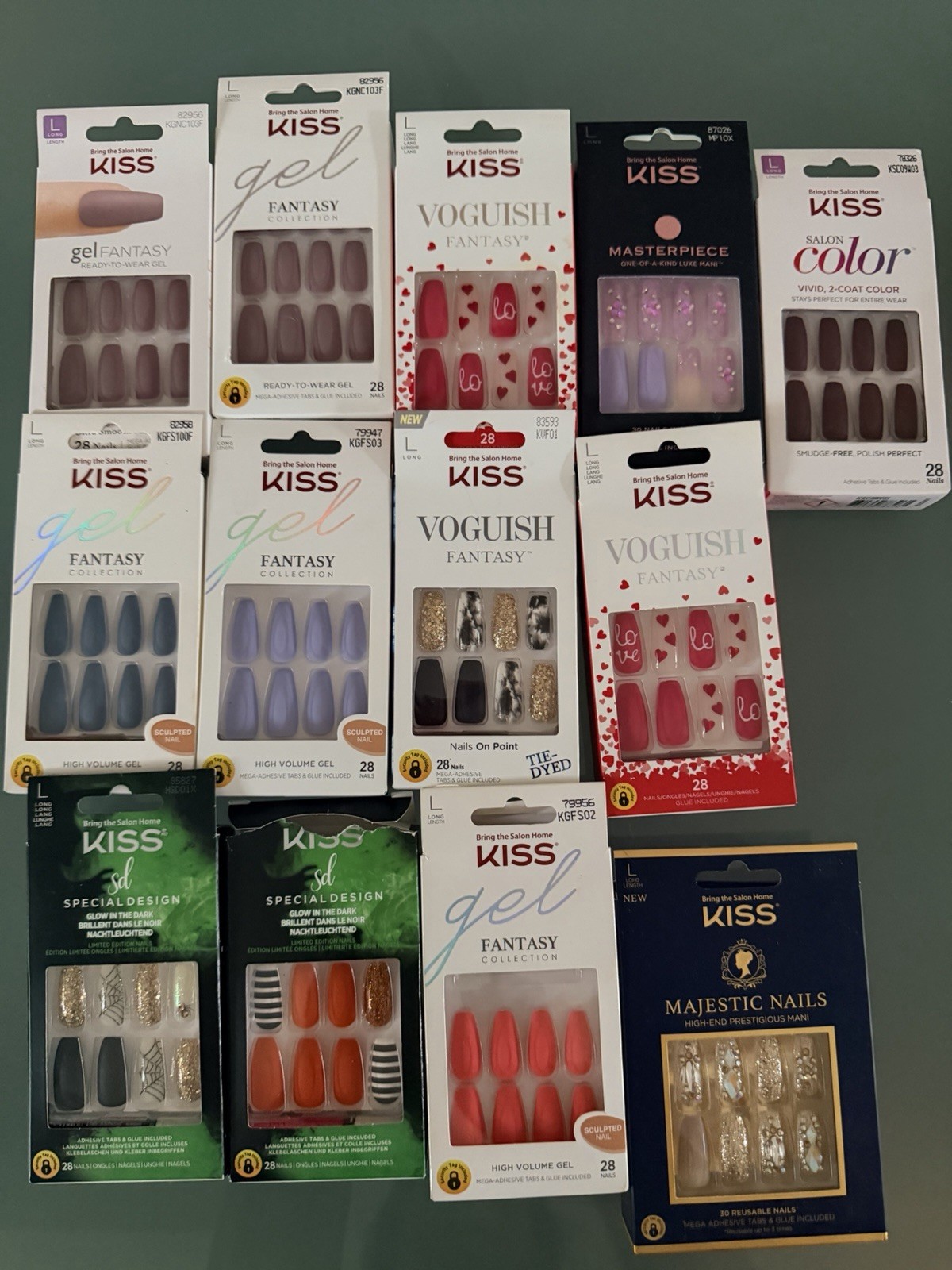 22 Kiss Glue-On Nails Lot Jelly Fantasy, Gel Fantasy, Glam Fantasy Long Med.