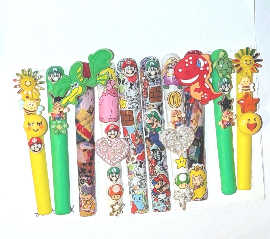 Bright Custom Super Mario Multicolor Decorative 6Xl Press On Nails Sz X-Large