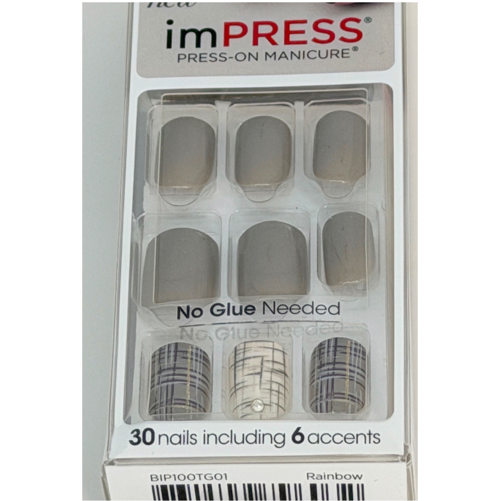 imPRESS Press-On Manicure Rainbow Taupe Plaid 30 Nails New Neutral Chic 94-35