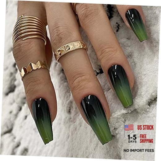 Redykat 24PCS Glossy Green Ombre Coffin Press On Nails, Gel Green&Black Ombre