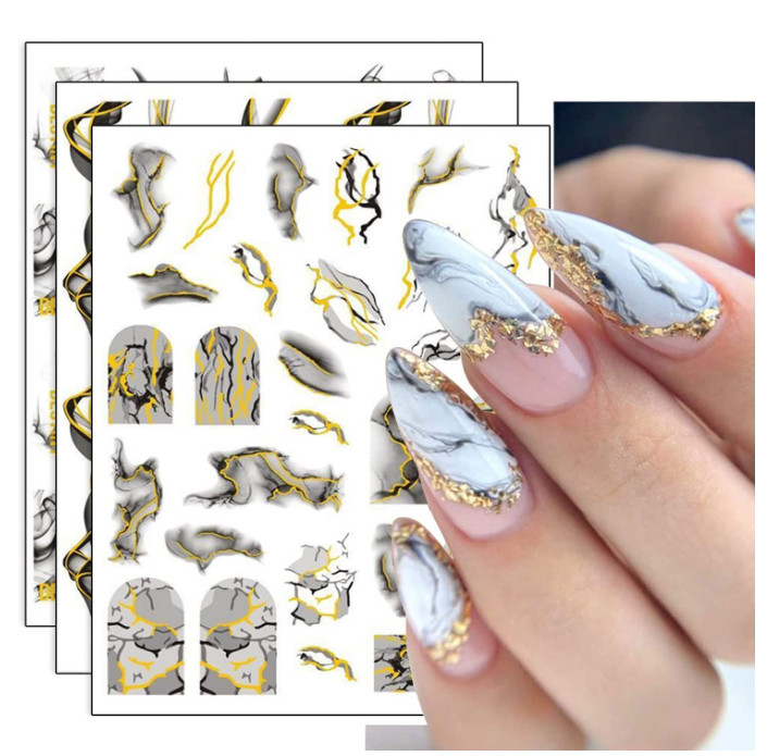 3D Black Gold Bronzing Marble Nail Art Stickers Decals French Line Ink DIY NS43
