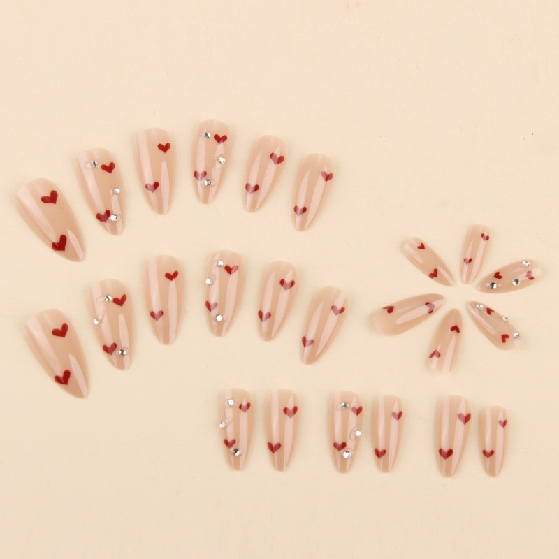 48Pcs-Sweet Oval False Nails Nude Red Heart Clear Rhinestone Press on Nails
