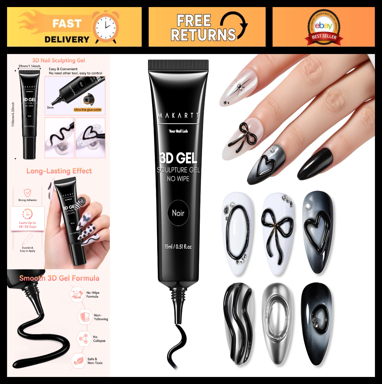 3D Gel Nail Art Sculpting Glue – 15g No Wipe Molding Gel for Rhinestone Decor