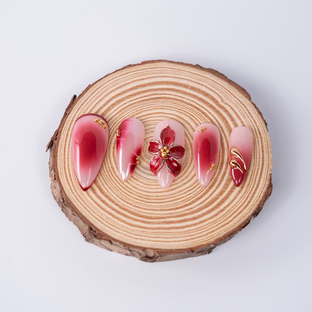 Handmade High Quality Almond Press On Nails Pink Red Gradient Fake Nails S-L