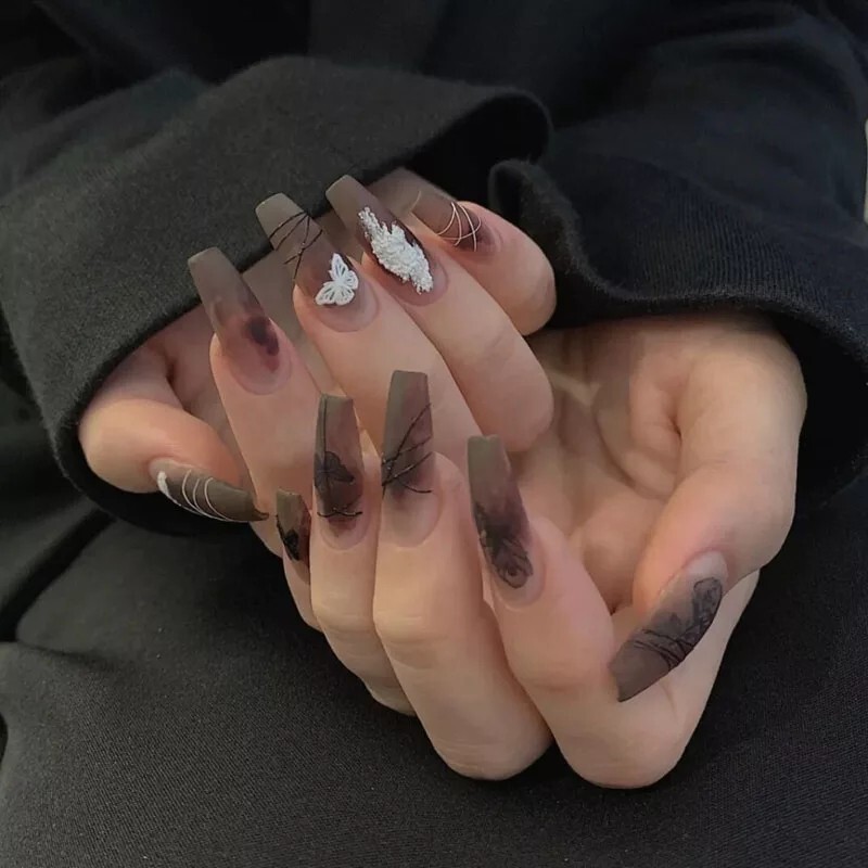 24 frosted Clear Brown black Press on nails kit glue on drawing edgy goth coffin