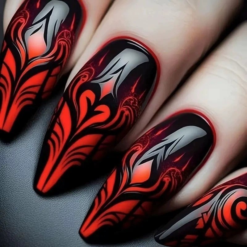 48 pieces of women’s long, thin, high-heeled black and red glossy fake nail art
