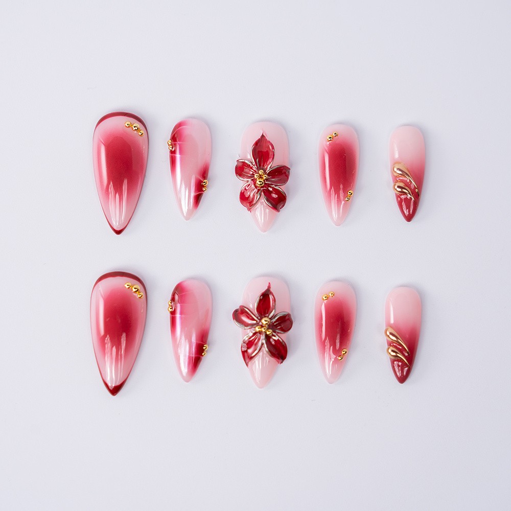 Handmade High Quality Almond Press On Nails Pink Red Gradient Fake Nails S-L