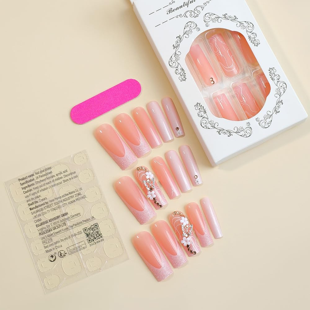 Ombre Pink Press on Nails Long Square, French Tip Fake Nails