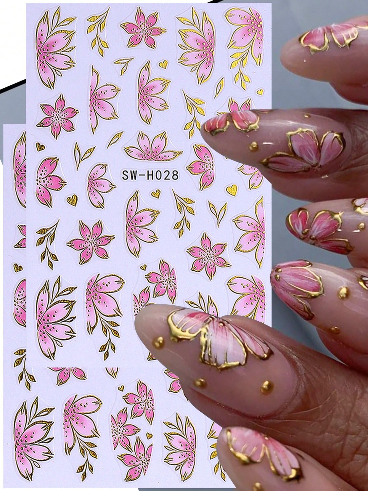 2 PCS Summer Spring Pink Flower Nail Art Stickers Nail Decals, Cute Nail Sticker