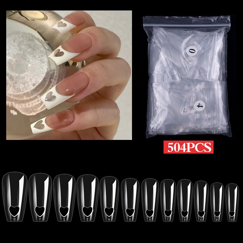 Fake Nails Acrylic Artificial False Nail Tips Hollow Heart Finger Tip DIY 504pcs