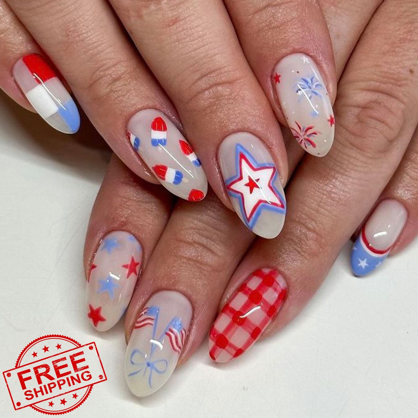 Rdntbeu 4th July Almond Press on Nails Style-31