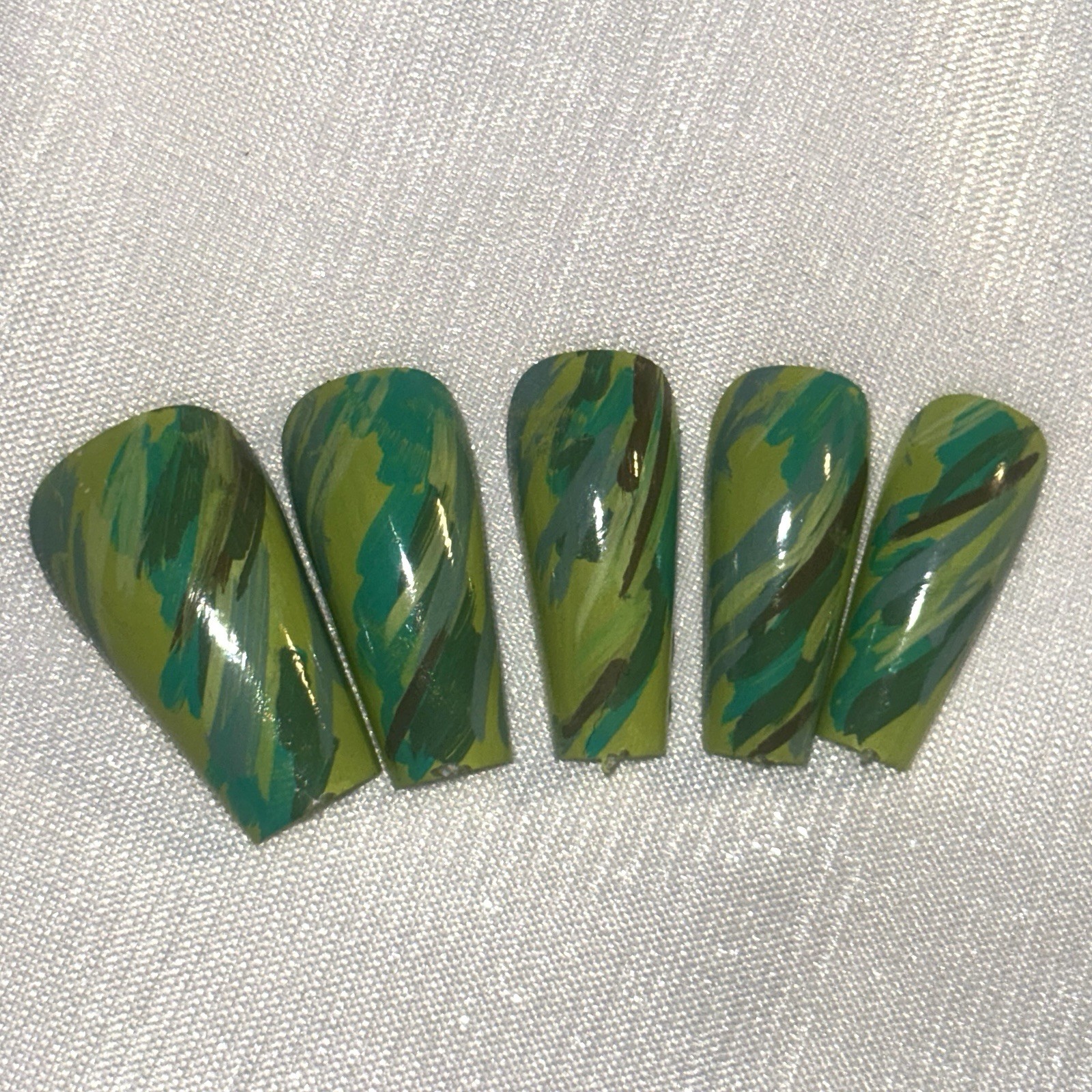 28 pc XL (00) Green Yellow Camouflage Glossy Long Coffin Press-On Nails Handmade