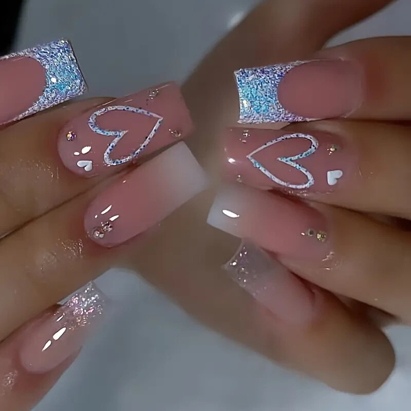 24pcs Glitter French Press-On Nails, Mixed Pink Tone, Square Shape