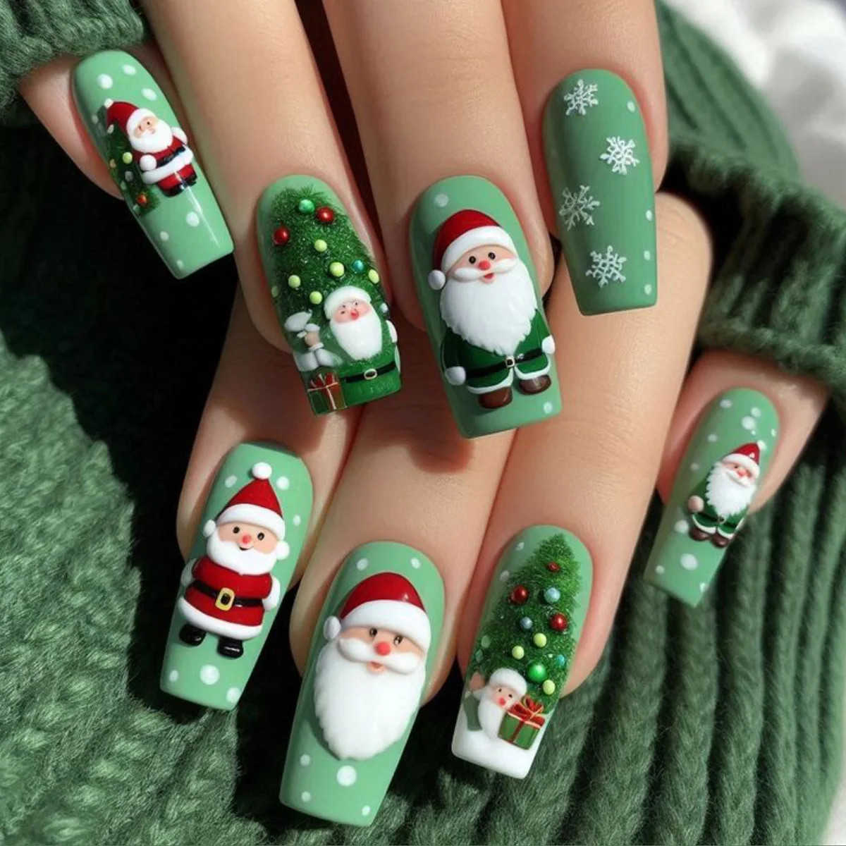 24pcs Green Christmas Santa Snowman Print Press On Nails