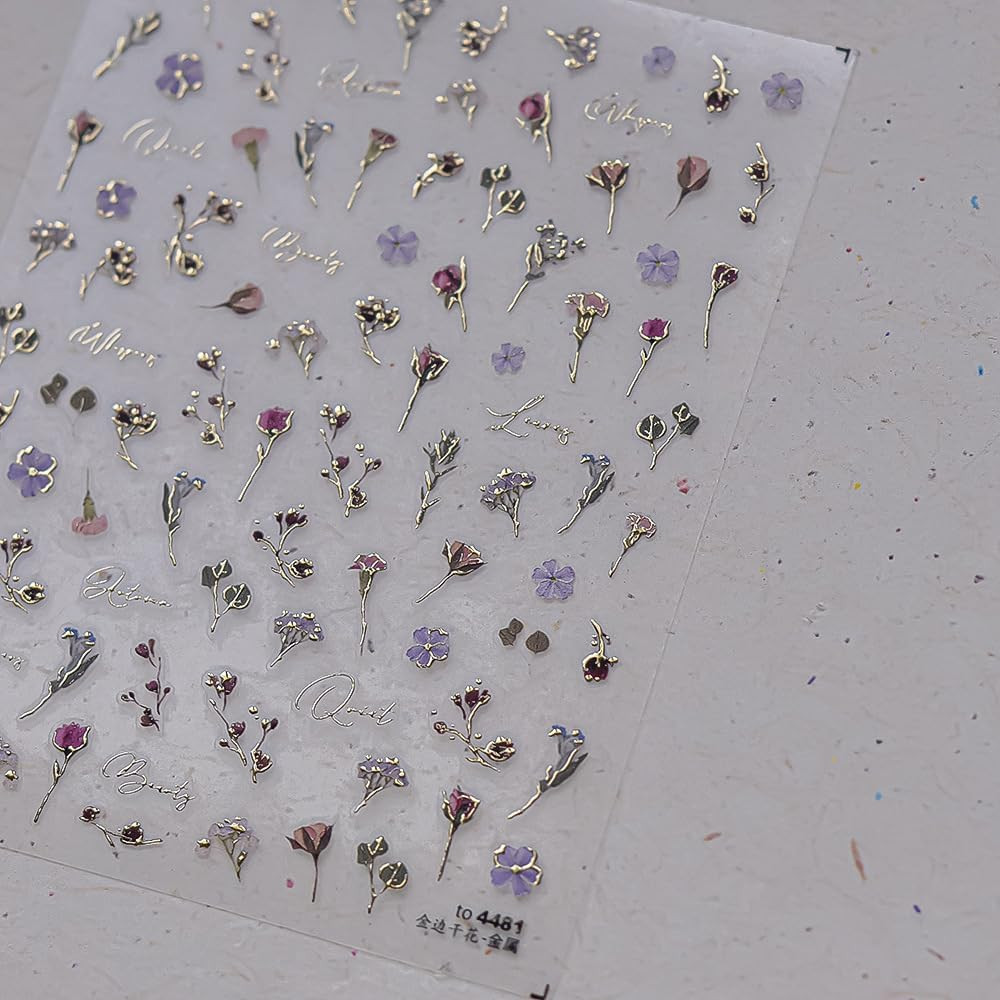 Flower Nail Stickers 5D Embossed Rose Flower Nail Decals 1PCS Gold Rose Sticker