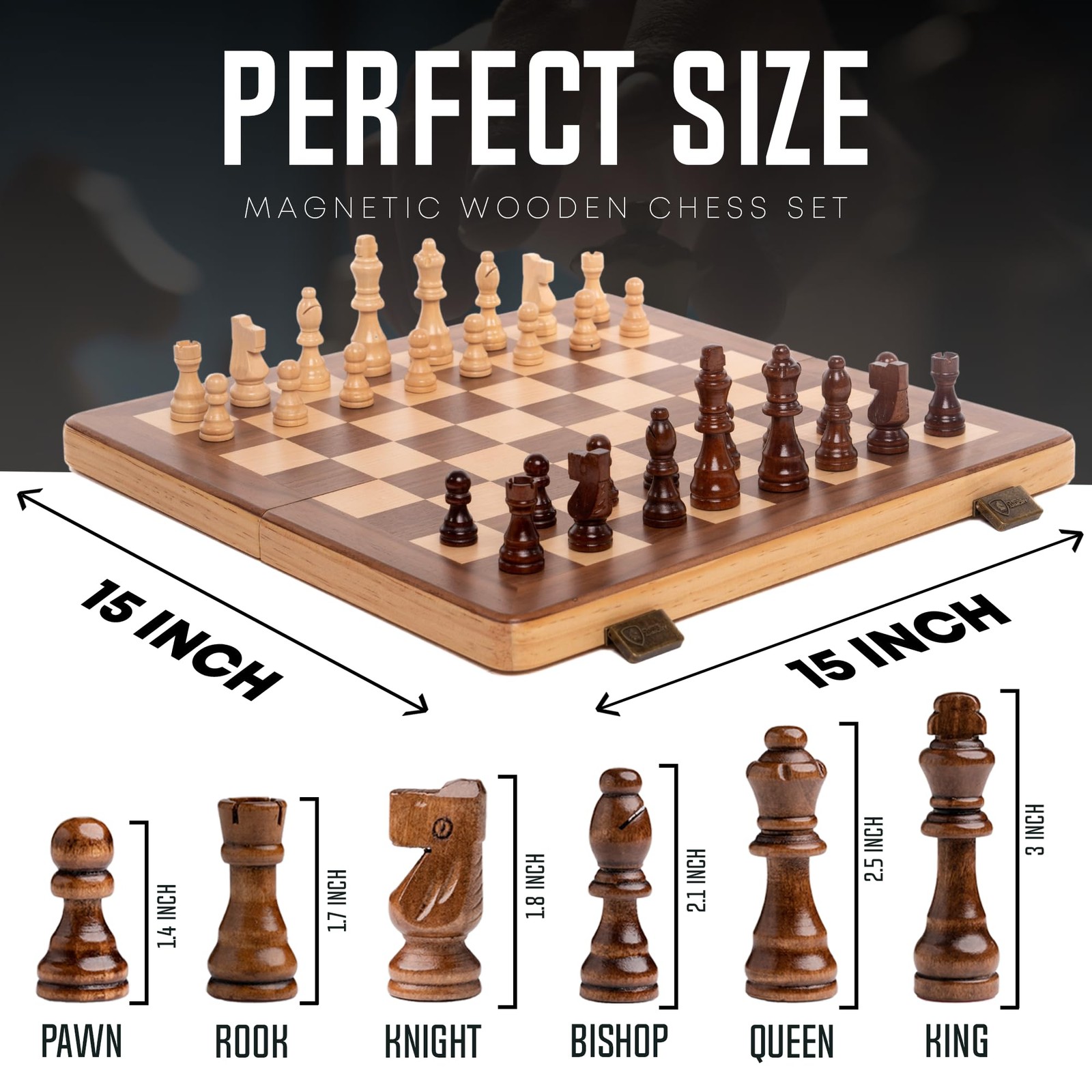 15 Inch Magnetic Wooden Chess Set for Adults & 15 inches x 15 inches, Beige