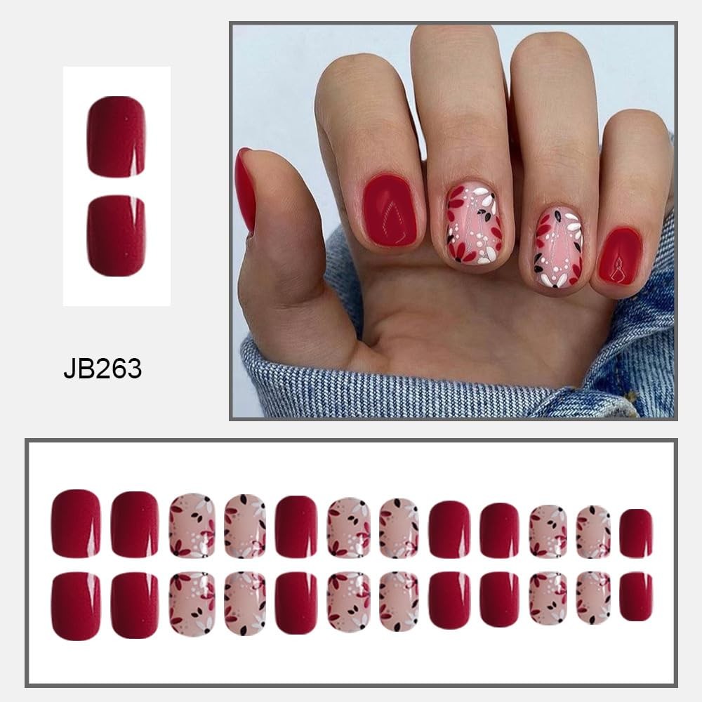 Red Press on Nails Short Square 1 Fl Oz (Pack of 1) Square white Flower-red