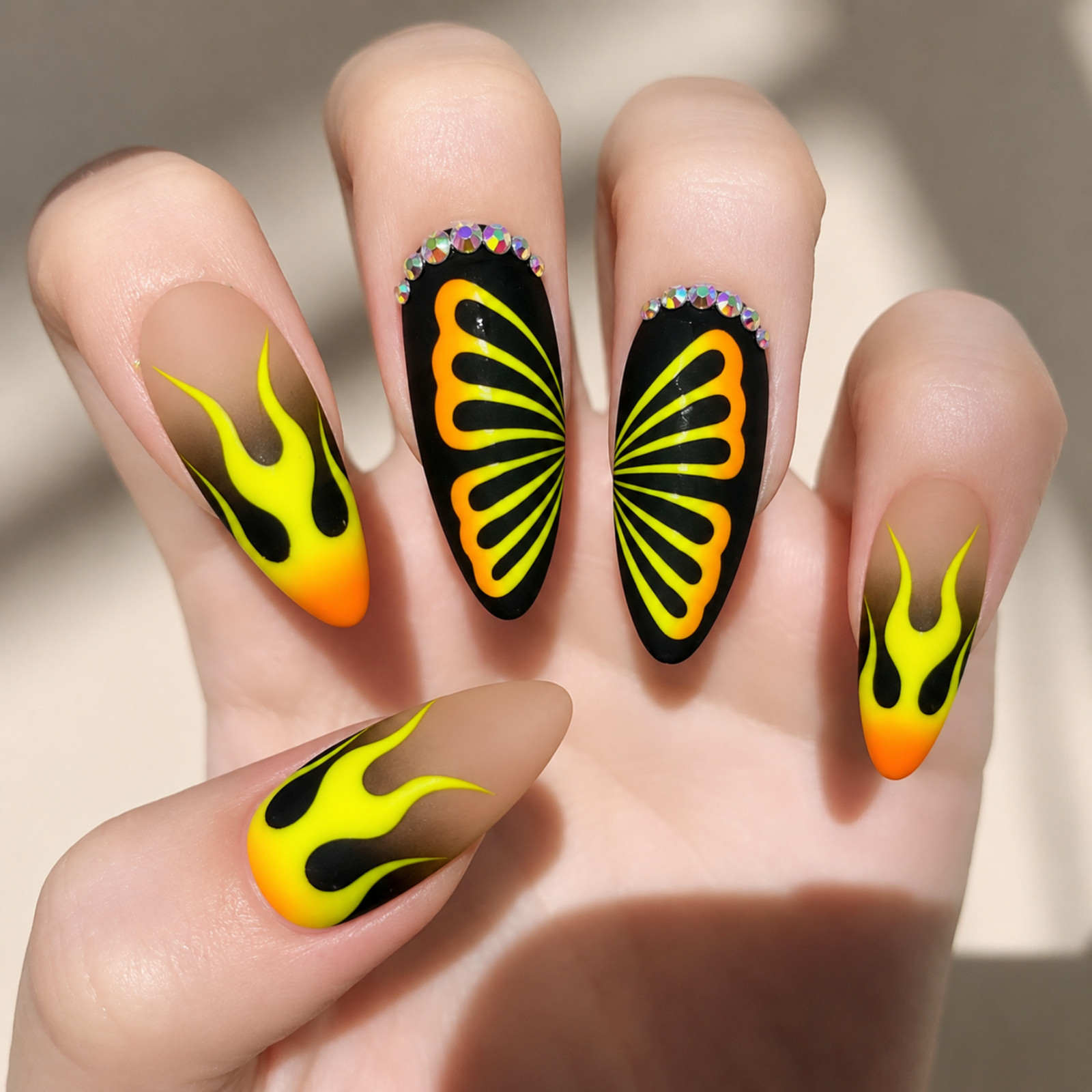 Handmade Neon Flame Butterfly Press On Nails Black Green Almond Set
