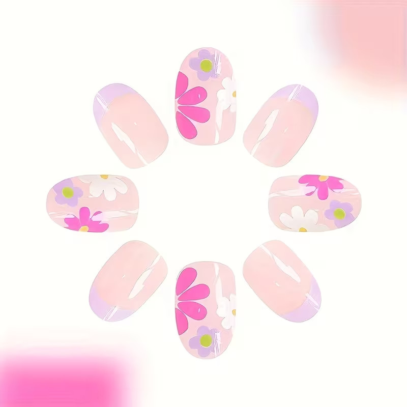 24pcs Short Oval Press-On Nails, Pink & Yellow Daisy Design, Purple French Tips
