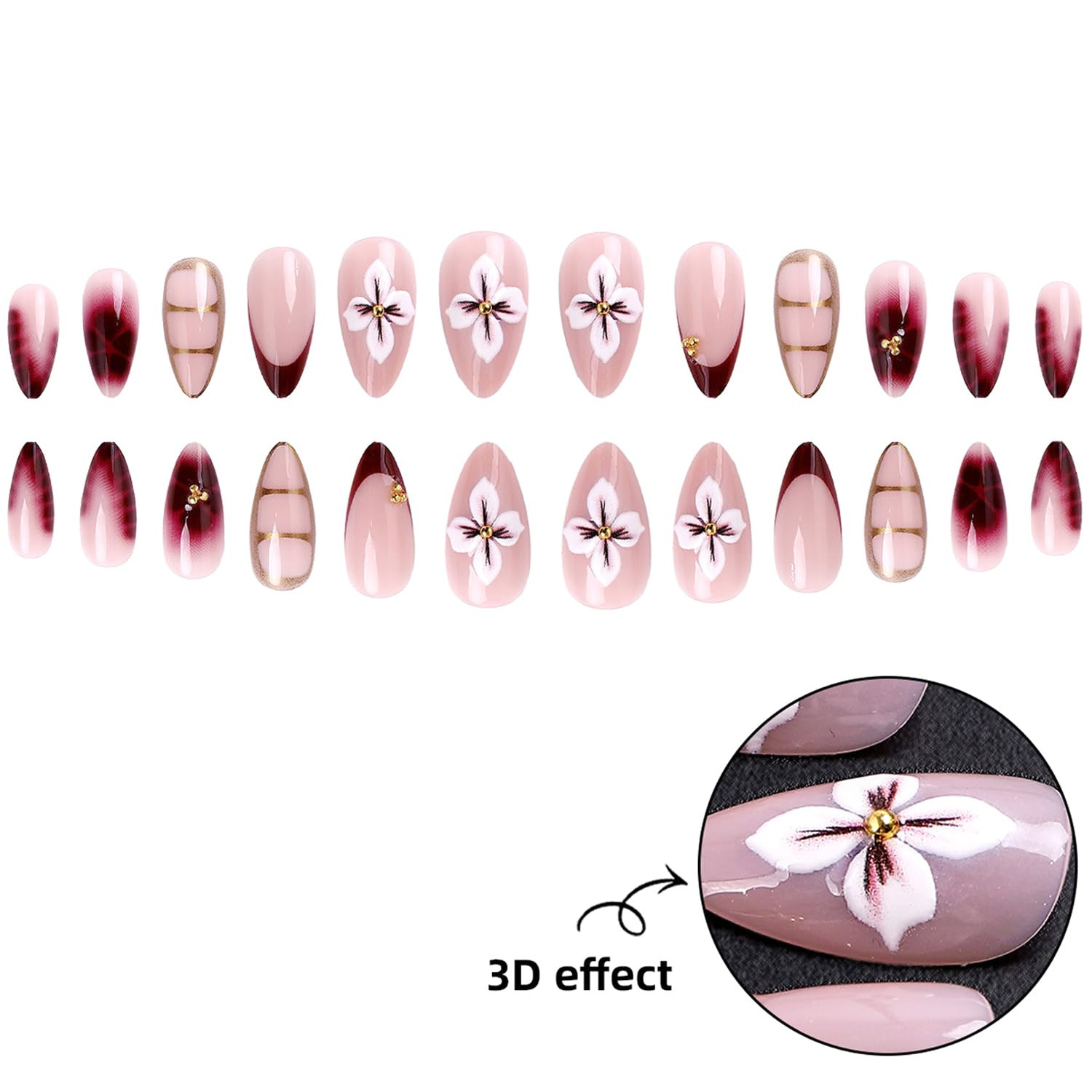 24Pcs Purple Flower Press on Nails Medium Length Almond Fake Nails Cute Flower F