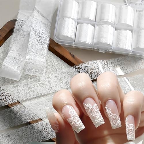 10 Rolls White Lace Nail Foil, Lace Nail Art Foil Transfer Stickers Style 2