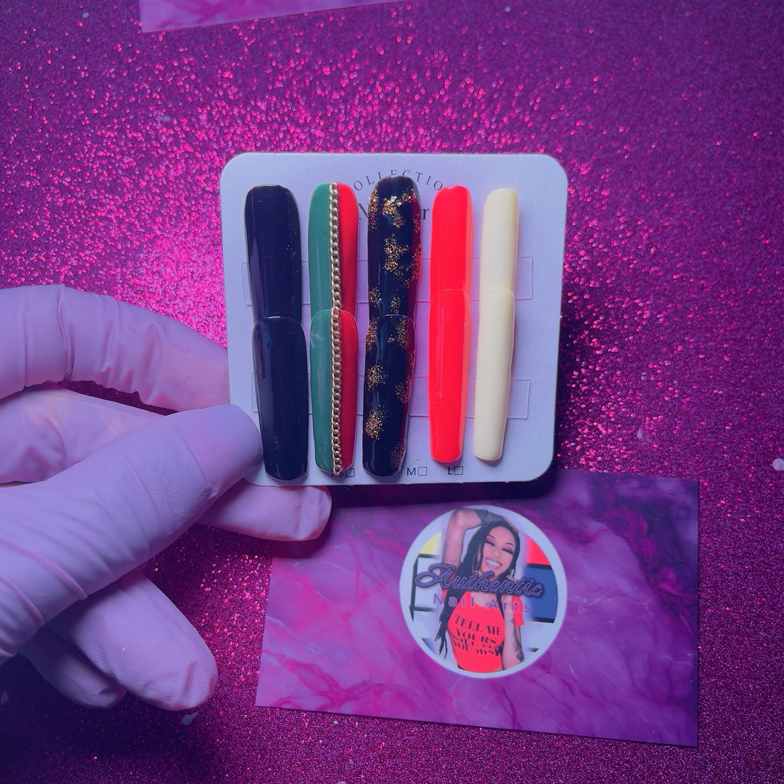 Authentic Nail Arts by Dia Long Coffin Press-On Nails Glitter Black Green Red