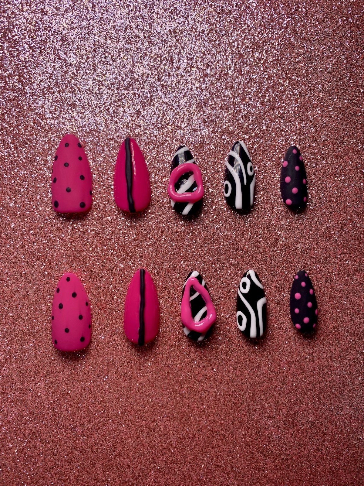 Press-On Nails Short Almond Shape, Almond-shaped Poky Dots. Bright hot pink.