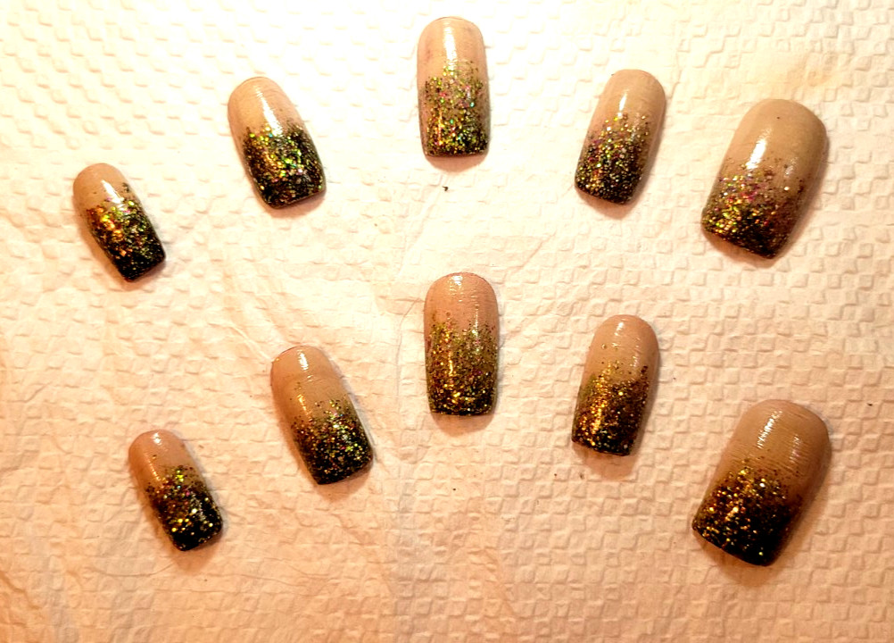 press on nails| Baby-Glam glittler| Green Nude| Large| Handmade Acrylic Full Set
