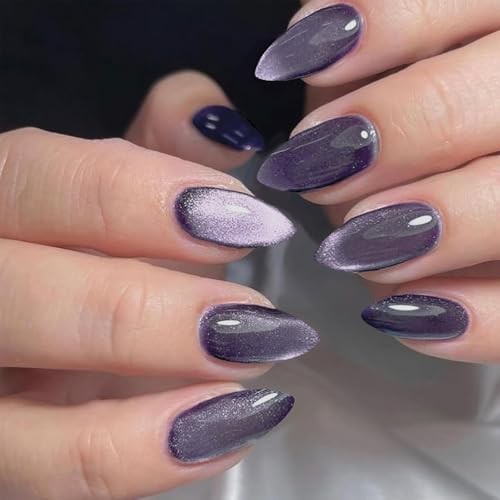 Dark Purple Magnet Cat Eyes Press on Nails Short Almond, Black Berkeley Dark