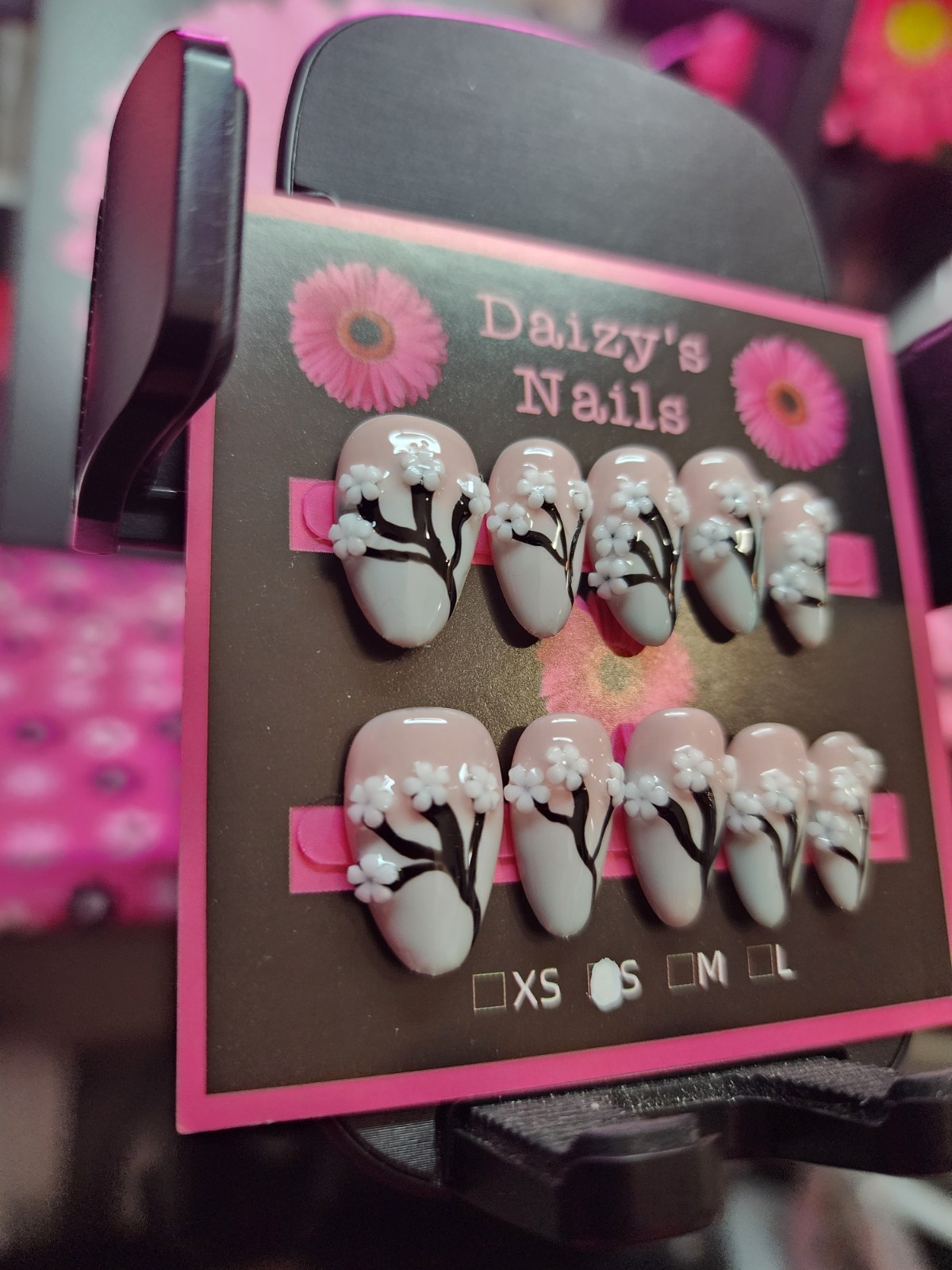 Small Size Grey Cherry Blossom Press-on Nail Set Handmade Almond 2.0 Cm Length