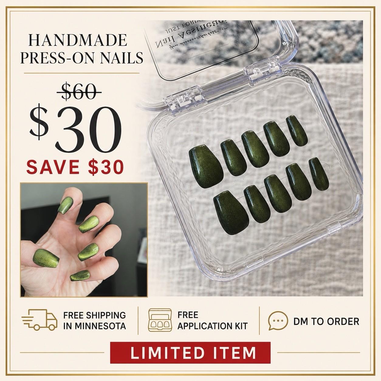 Press-On Nails Medium Square Green Shiny Handmade Pre-Designed Solid
