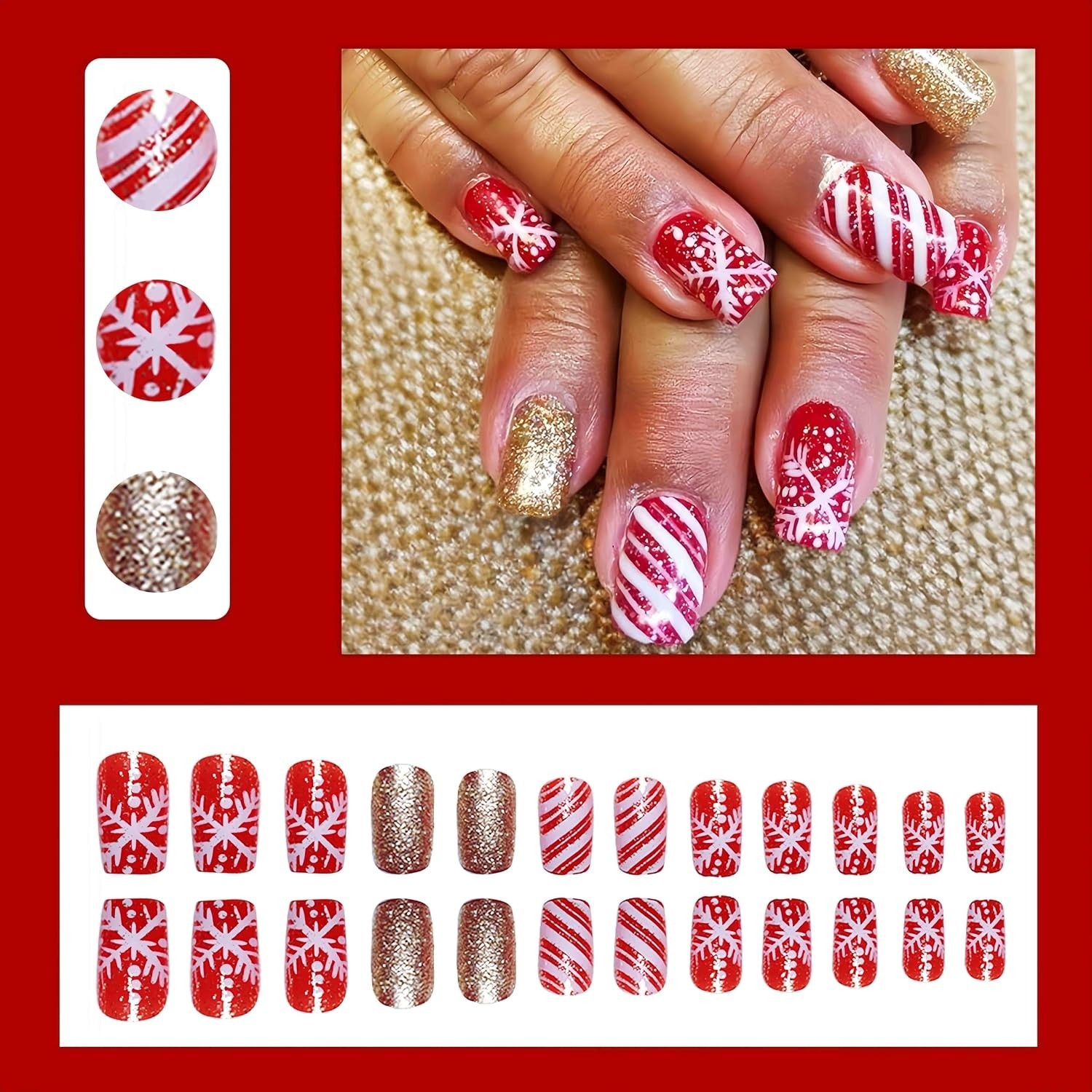 24Pcs Christmas Snowflake Press on Nails Short Square Fake Nails with Candy D…