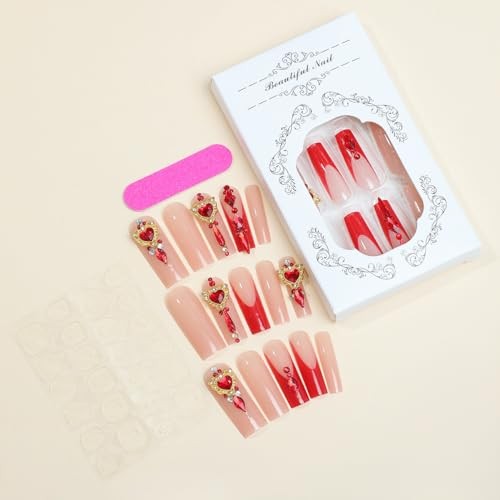 SINSEN Long Square Press on Rhinestone Acrylic Glossy Red French long square7