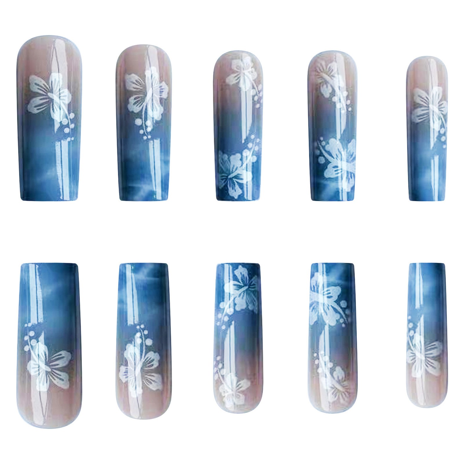 Press On Nails Blue Ombre Waves White Flower Removable Rectangle 10 Pcs