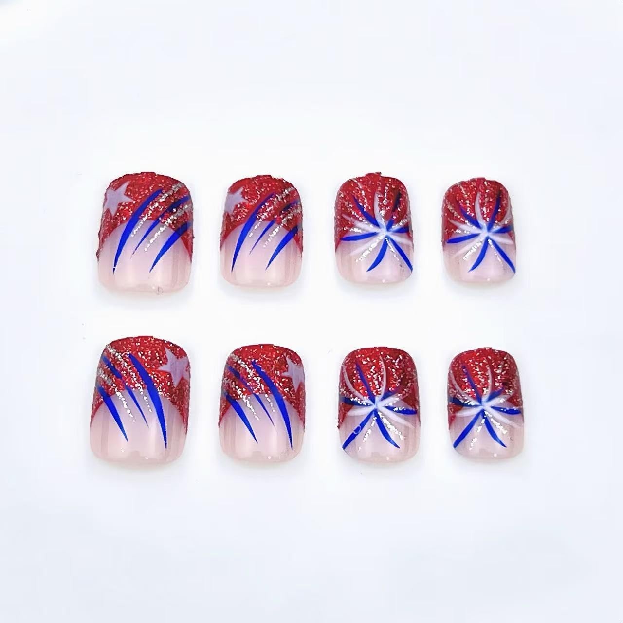 Independence Day Fireworks Press on Nails Short square Fake Nails Red Glitter…