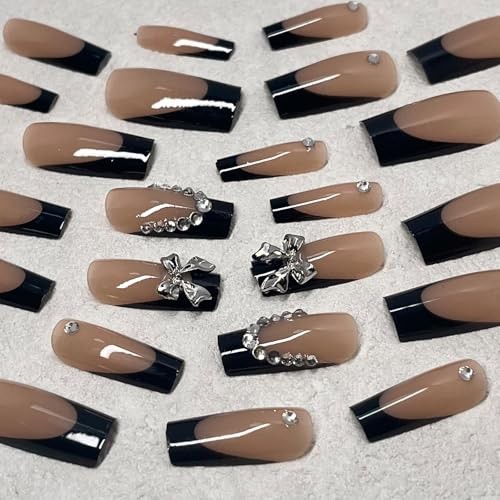 Black French Tip Press on Nails Medium Square Fake Nails with Silver Bow
