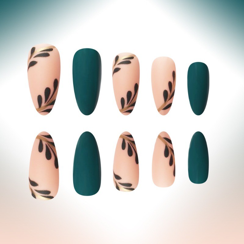 48pcs-Dark Teal Press on Nails, Medium Almond Nude Gold Leaf Accent False Nails