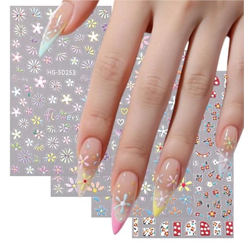 4 Sheets 3D Flower Nail Stickers Colorful Floral Daisy Nail Nail Art Stickers6