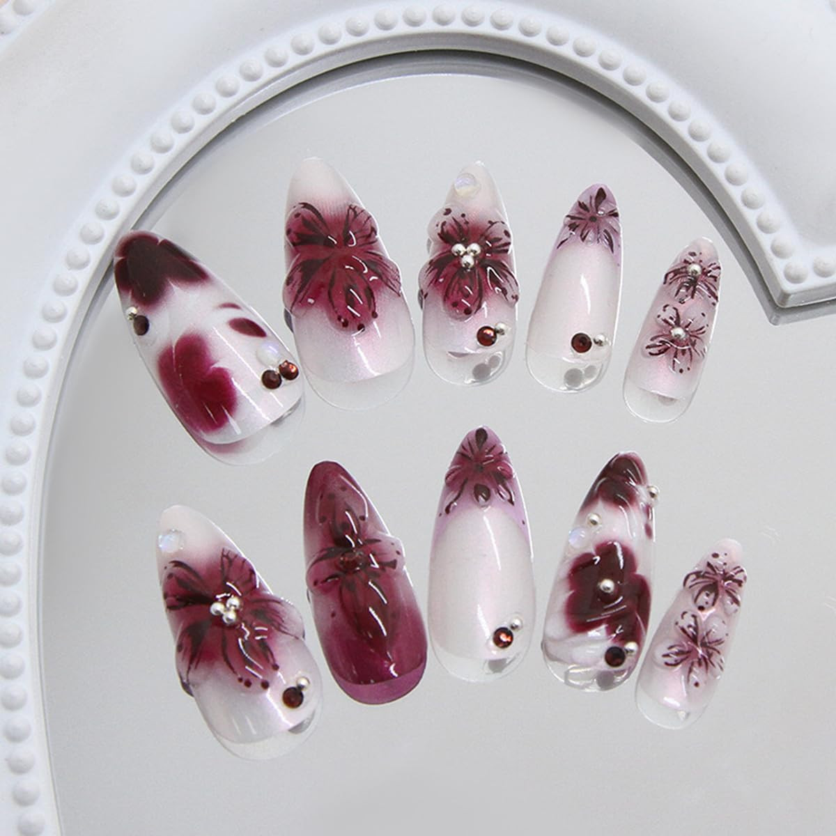 24Pcs Purple Flower Press on Nails Almond Medium Fake Nails 3D Flower False Nail