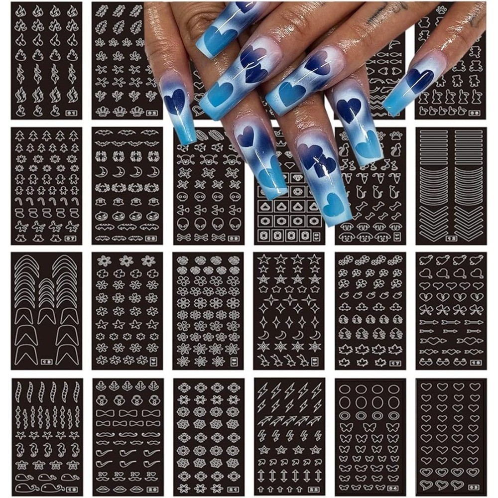 24 Sheets Nail Art Stencils Airbrush Templates Hollow Design for French Manicure