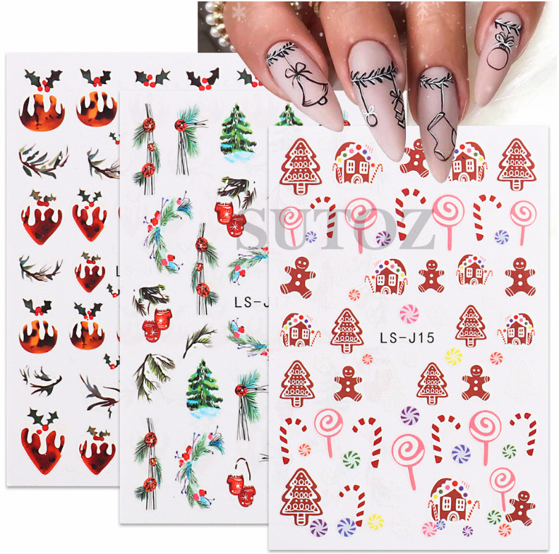 Christmas 3D Nail Sticker Snowflake Holly Gingerbread Adhesive Nail Decals NH21
