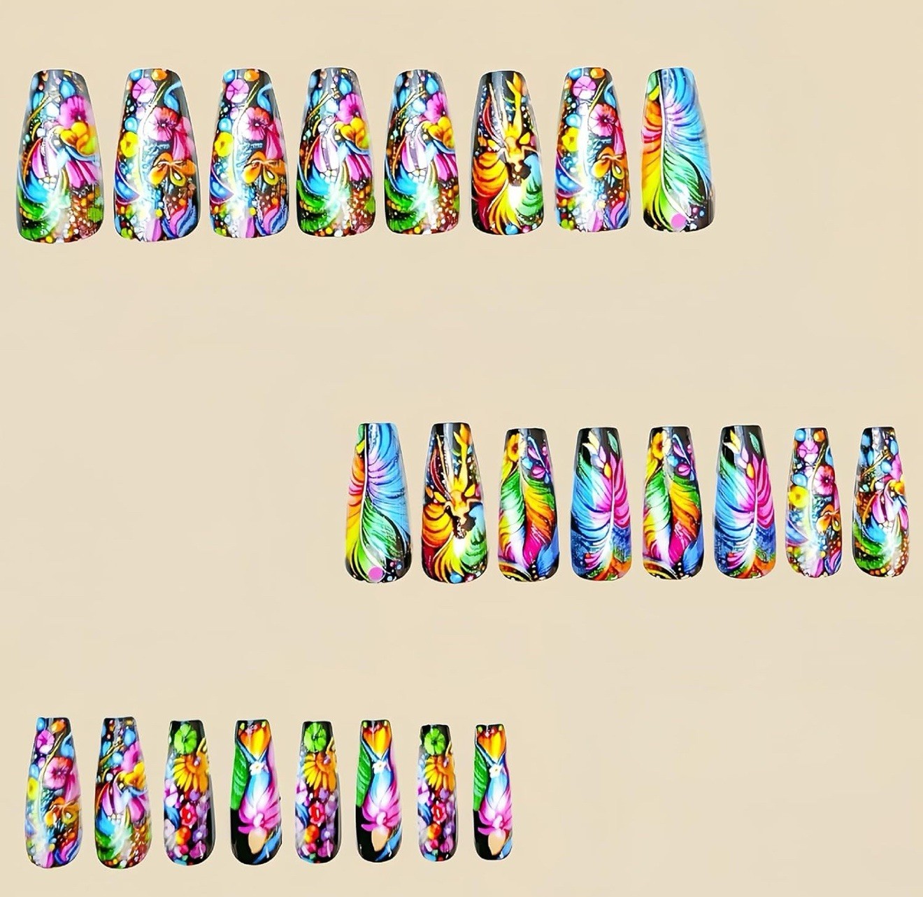 Press On Nails Coffin Fake Nails Feather Stick On Nails Abstract Glue On Nails24