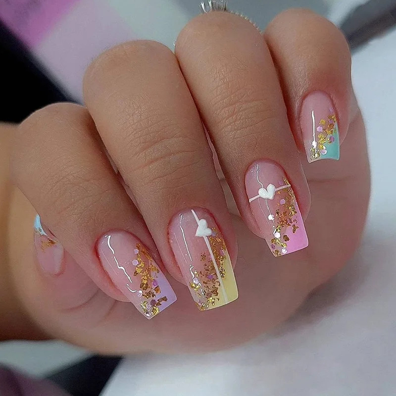 24pcs Square Short Fake Nails Blue Green Butterfly French Press on Nails Full