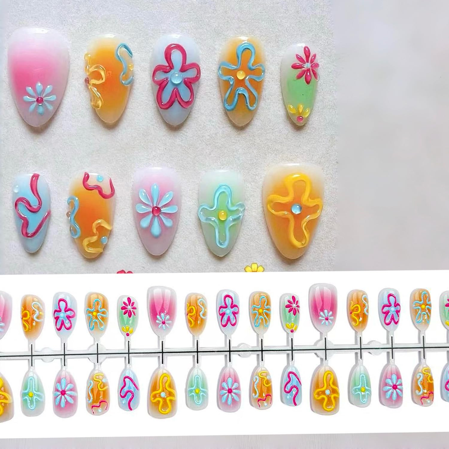 30Pcs Colorful Flower Press on Nails Short Almond Fake Nails with 3D Designs Spr